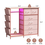 WODRAWER 6 Drawer Dresser for Bedroom with Clothes Rack, Clothes Dresser with Side Pockets and Hooks, Charging Station & LED Lights, Wooden Top, Fabric Storage (Pink) WODRAWER
