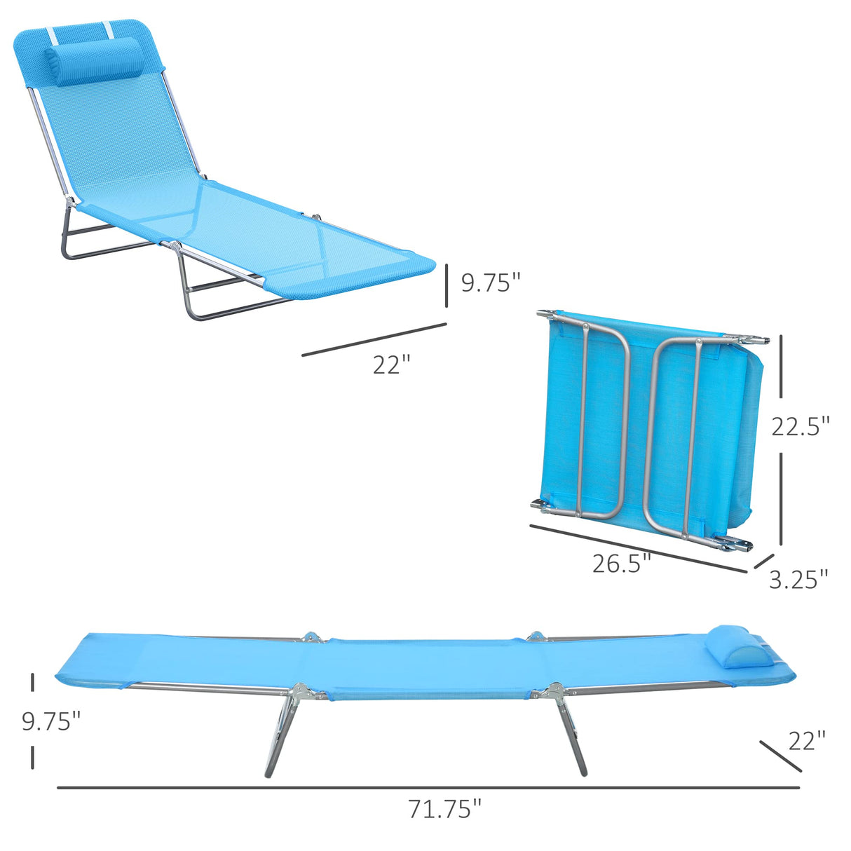 Outsunny Folding Chaise Lounge Pool Chairs, Outdoor Sun Tanning Chairs with Pillow, Reclining Back, Steel Frame & Breathable Mesh for Beach, Yard, Patio, Blue Outsunny