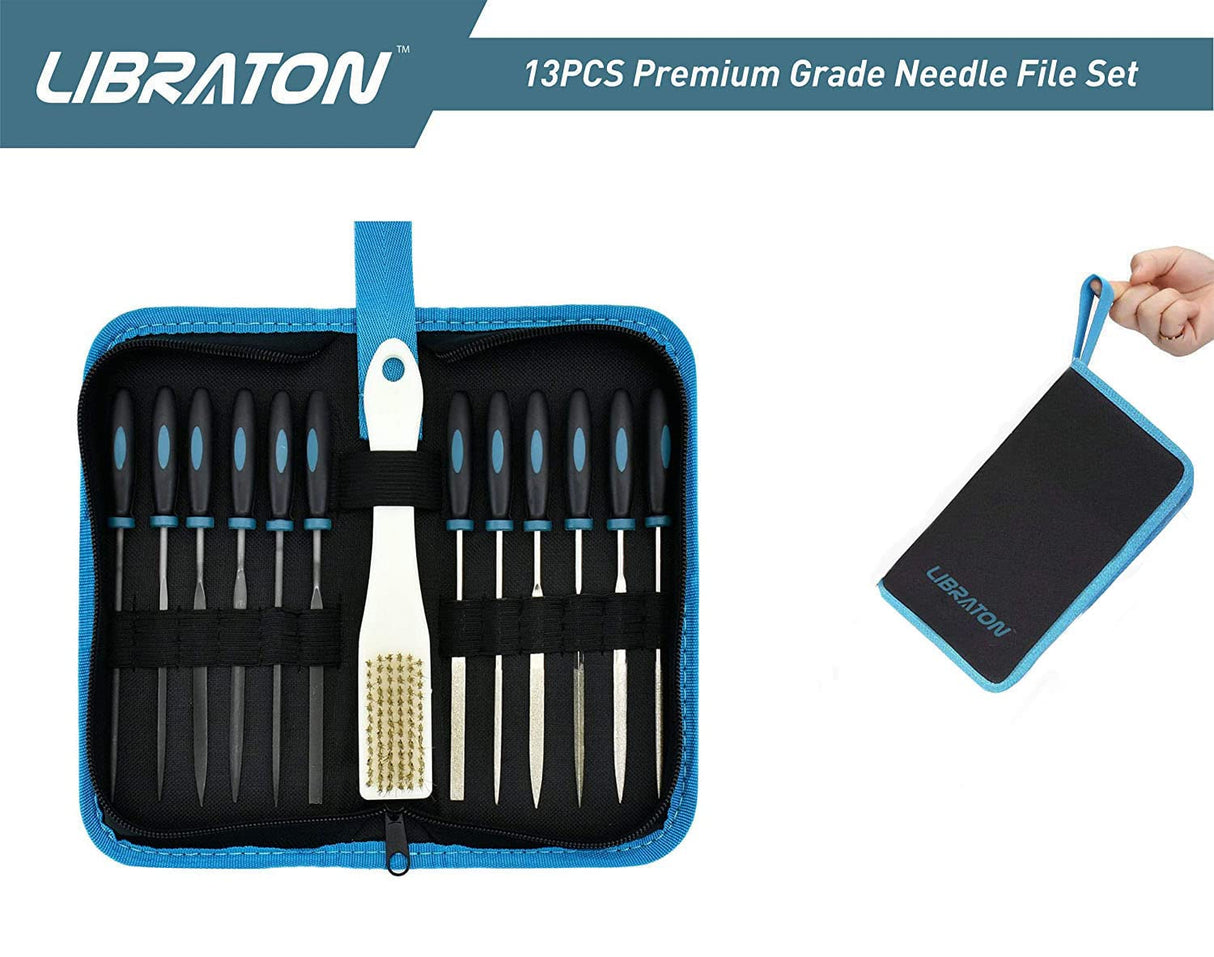 LIBRATON Needle Files Set 13PCS with 6 Steel File, 6 Diamond File Set, Cleaning Brush & Carrying Case for Wood and Metal Work DIY Metal File LIBRATON