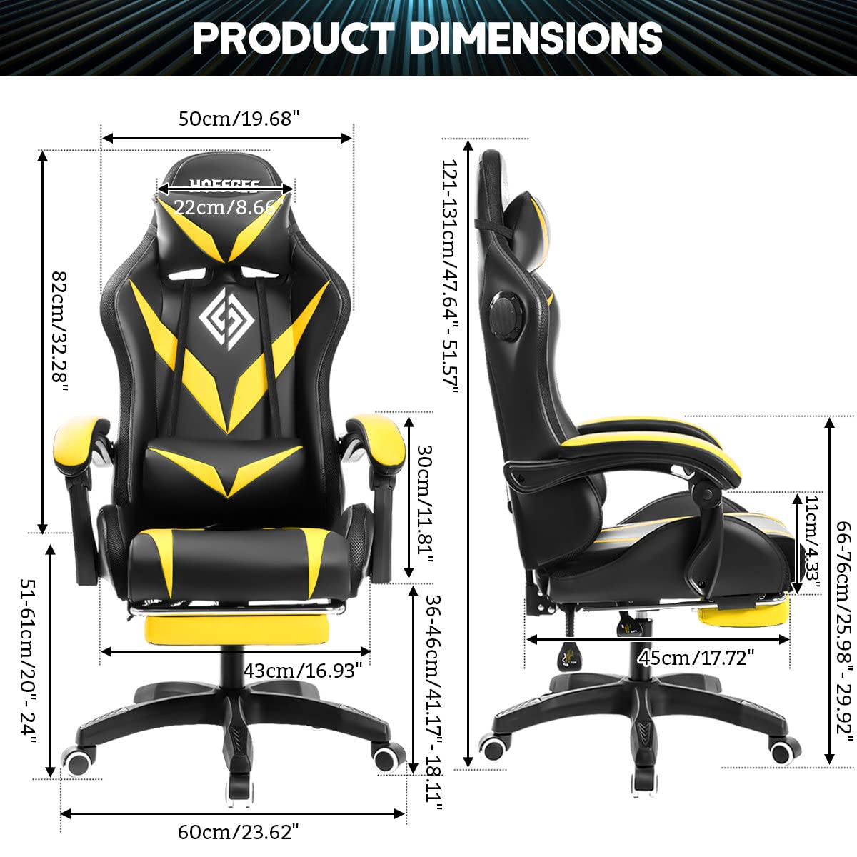 HOFFREE Gaming Chair Massage with Bluetooth Speakers and Led Lights Ergonomic Computer Gaming Chair with Footrest RGB Video Game Chair with High Back Lumbar Support Yellow and Black HOFFREE