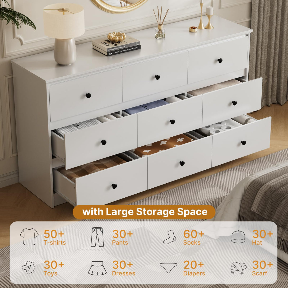 Tradare 9 Drawer Dresser for Bedroom, 59" Wide White Chest of Drawers, Wooden Dresser with 9 Drawers with Ample Storage, Modern Storage Organizer for Hallway,Nursery Tradare