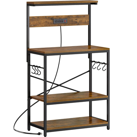 SUPERJARE Bakers Rack with Power Outlets, Microwave Stand, 31.5 X 16.5 Inch Larger Desktop, Kitchen Storage Rack with Adjustable Middle Shelf, 6 S-Shaped Hooks, Coffee Bar Stand, Rustic Brown SUPERJARE