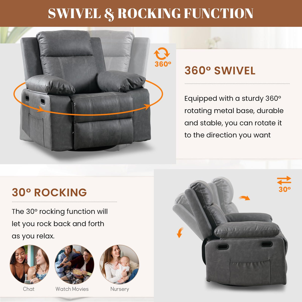 Massage Recliner Chair for Adults,360 Degree Manual Swivel Rocker Recliner with Heat and Vibration,PU Leather Glider Rocking Reclining Chair for Home Theater Seating,Lounge,Nursery,Living Room(Grey) JEEOHEY