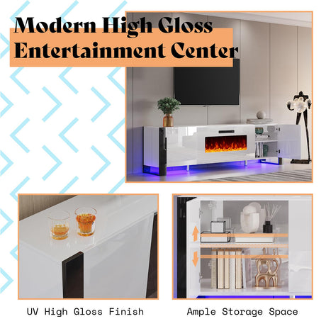 AMERLIFE 3 Piece Modern Wall Unit Entertainment Center Set, High Gloss 70" Fireplace TV Stand with 36" Electric Fireplace, 2 LED Wall Cabinets with Storage for Living Room, White AMERLIFE
