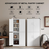 Fesbos White Pantry Cabinet and Organizers - 71”H Kitchen Metal Storage Cabinet with 4 Doors and 3 Adjustable Shelves for Kitchen, Living Room and Dinning Room Fesbos