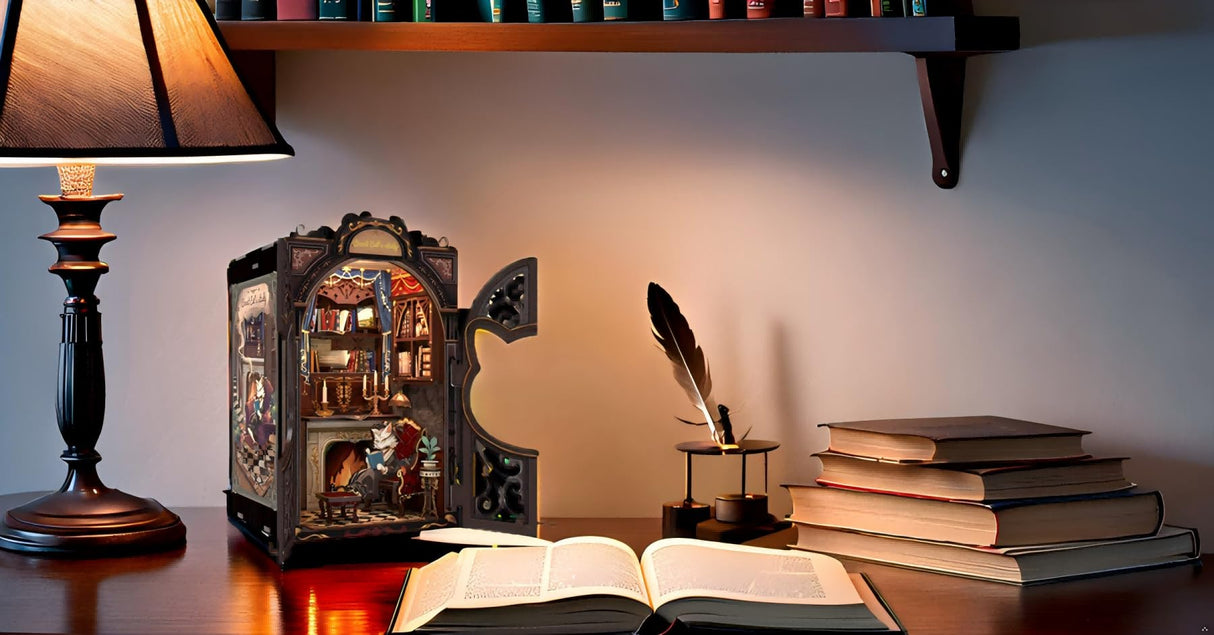 Fsolis Book Nook Kit, DIY Miniature Dollhouse Kit 3D Puzzles for Adults Bookshelf Decor Mini House Tiny Home Craft Gifts for Women Teenagers Book Lovers (Count Cat's Study) Fsolis