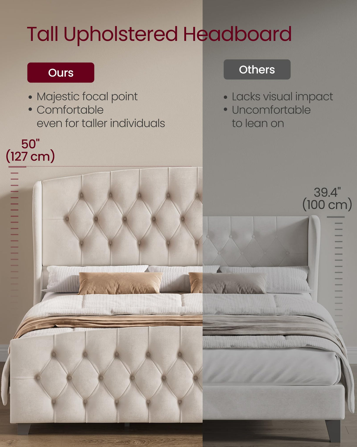 VASAGLE King Bed Frame with Tall Headboard, Upholstered Platform Bed Frame King Size, with Wingback Tufted Headboard and Footboard, Wooden Slats, No Box Spring Needed, Cappuccino Beige URMB884W01 VASAGLE