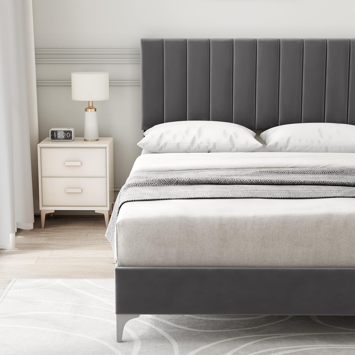 IDEALHOUSE Queen Size Bed Frame with Adjustable Headboard, Velvet Upholstered Platform Bed Frame with Strong Wooden Slats, Non-Slip and Noise-Free, No Box Spring Needed, Easy Assembly, Grey IDEALHOUSE