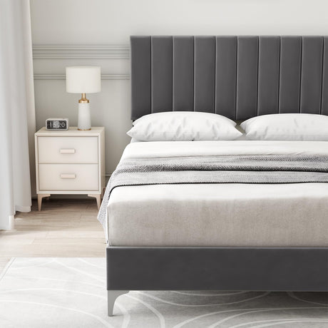 Amyove Full Size Bed Frame with Adjustable Headboard, Velvet Upholstered Platform Bed Frame with Wooden Slats Support, No Box Spring Needed, Easy Assembly, Dark Grey (Full) Amyove
