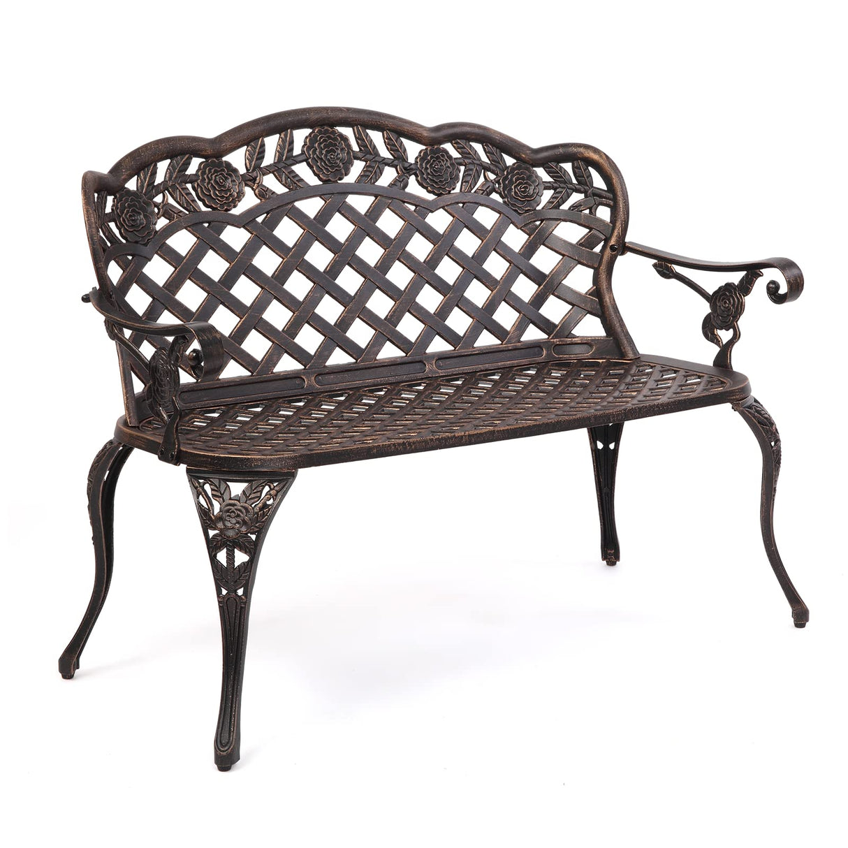 VINGLI 42.5" Patio Garden Bench Outdoor Metal Rose Loveseat, Cast Iron Cast Aluminium Frame Antique Finish Park Chair, Accommodates 2-3 People VINGLI