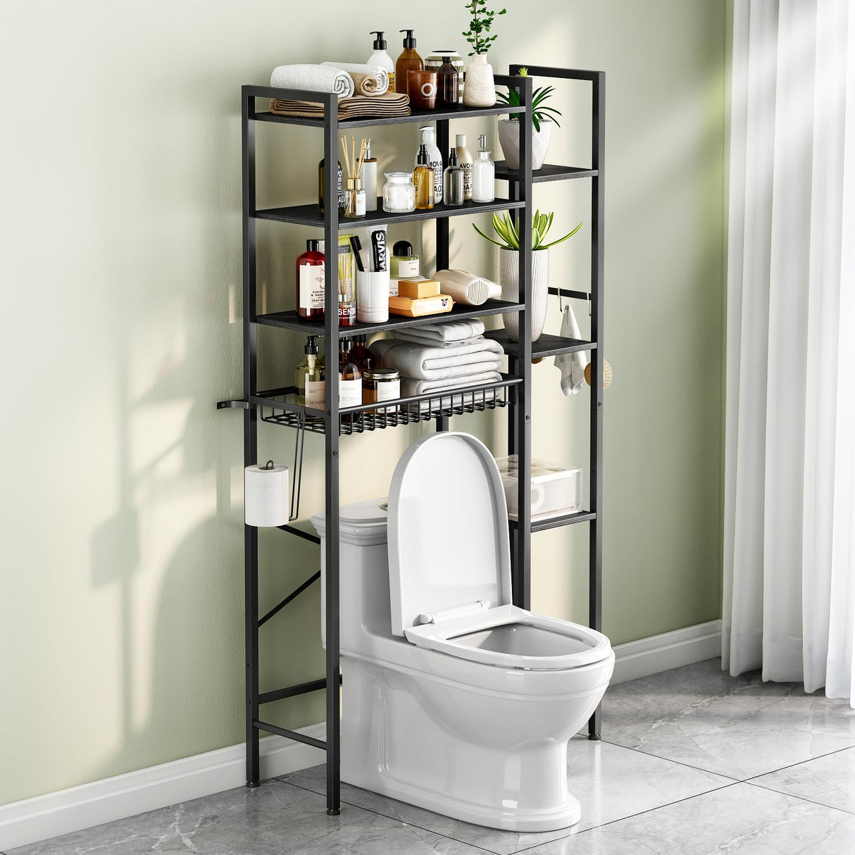 Kalrin Over The Toilet Storage Rack with Extra Side Shelves, 4-Tier Bathroom Over Toilet Storage with Adjustable Shelf & Drain Basket, Freestanding Bathroom Organizer for Balcony, Laundry(Pure Black) Kalrin