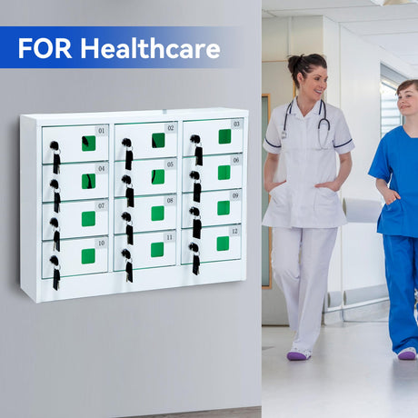 Bpatoimsx Secure and Convenient 12 Bays Cell Mobile Phone Steel Locker with Charger Charging Station Cabinet and key lock White - Ideal for Students and Employees Bpatoimsx