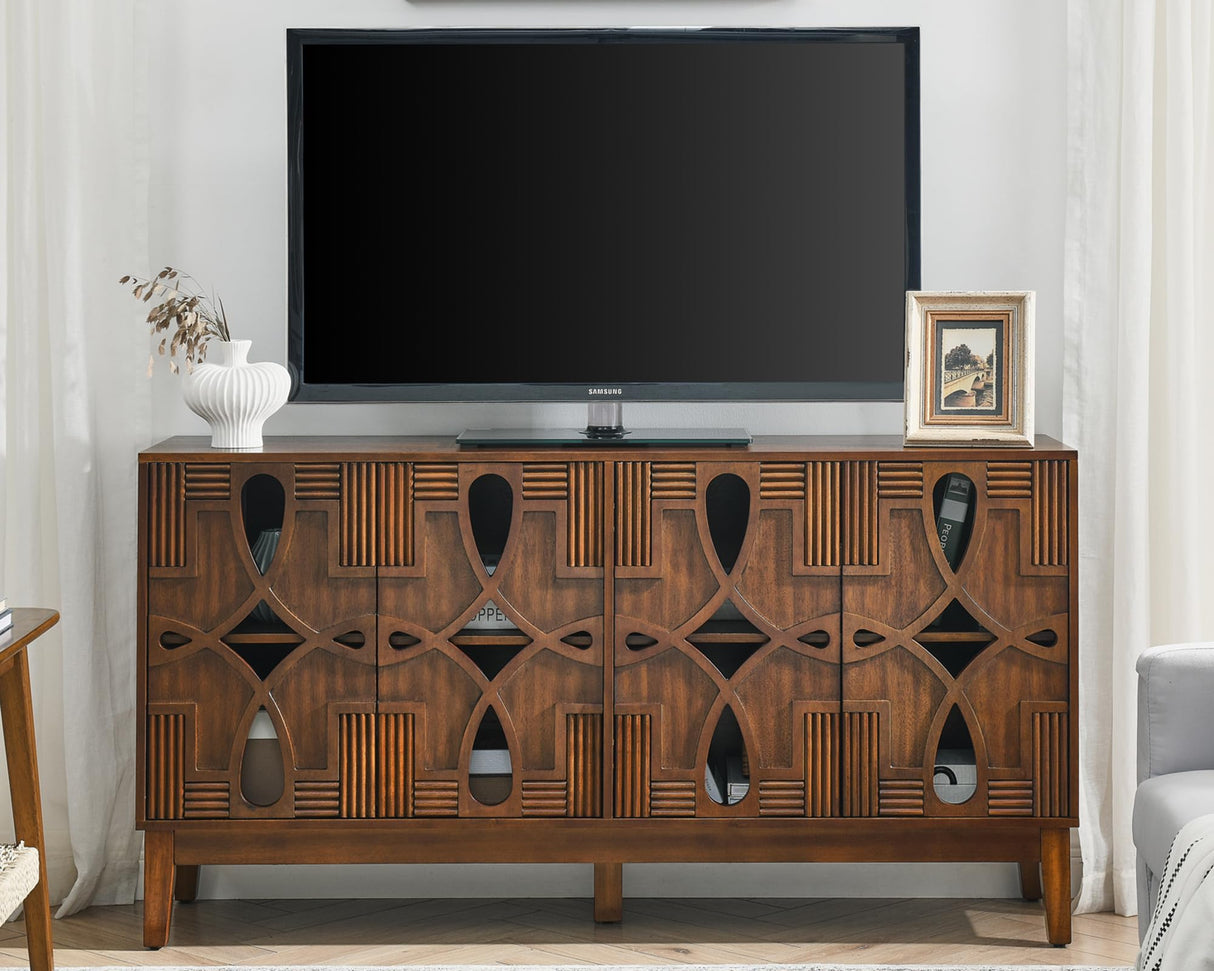 LKTART 60" Mid Century Modern Sideboard Buffet with Hollow Carved Doors and Outlet Holes,Vintage Accent Cabinet Credenzas Storage Cabinet Walnut LKTART