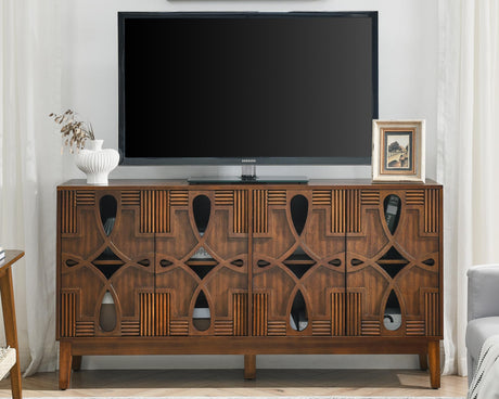 LKTART 60" Mid Century Modern Sideboard Buffet with Hollow Carved Doors and Outlet Holes,Vintage Accent Cabinet Credenzas Storage Cabinet Walnut LKTART