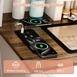 Trygoal Farmhouse Makeup Vanity, Vanity Desk with 3 in 1 Charging Station and Human Body Sensing LED Lights, Vanity Table with Glass Tabletop & Hidden Jewelry Cabinet, Stool Included, Vintage White Trygoal