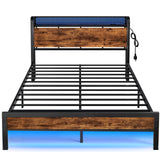 Furnulem Industrial Full Bed Frame with LED Lights & USB Charging Station Furnulem