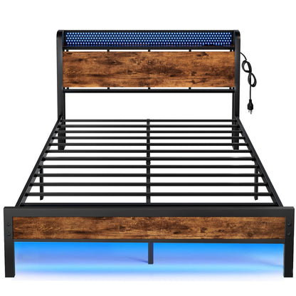 Furnulem Industrial Full Bed Frame with LED Lights & USB Charging Station - WoodArtSupply