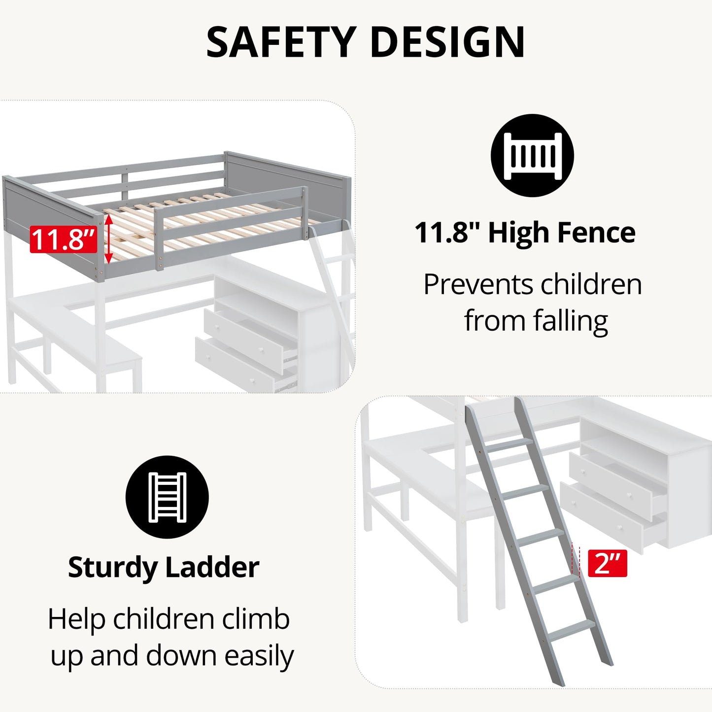 Full Size Loft Bed with L-Shaped Desk, Storage Shelves & Drawers in Grey - Solid Wood Frame with Guardrails & Ladder for Space-Saving Solutions - WoodArtSupply