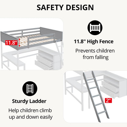 Full Size Loft Bed with L-Shaped Desk, Storage Shelves & Drawers in Grey - Solid Wood Frame with Guardrails & Ladder for Space-Saving Solutions - WoodArtSupply