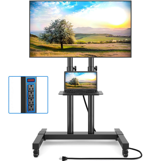 Rfiver Upgraded Rolling TV Stand with Power Outlet for 32-83 Inch TVs, Heavy Duty Mobile TV Cart on Wheel up to 110 lbs, Height Adjustable Portable TV Stand with Shelf for Bedroom, Living Room, Office