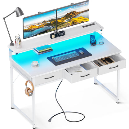 ODK 48 Inch Computer Desk with 3 Drawers and USB Power Outlets, Home Office Desks with LED Lights and Adjustable Monitor Stand, Work from Home, Modern Work/Writing/Study Table for Bedroom, Wh - WoodArtSupply