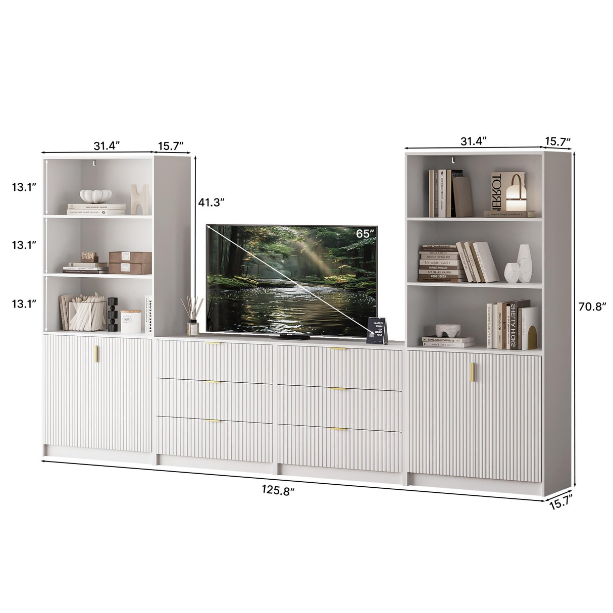 White 4-Piece Large TV Stand with 2 Bookshelves for TVs up to 70”, TV Entertainment Center Media Center with Open Storage, Media Console Table with Display Cabinet for Living Room & Home Theater MAISONARIA