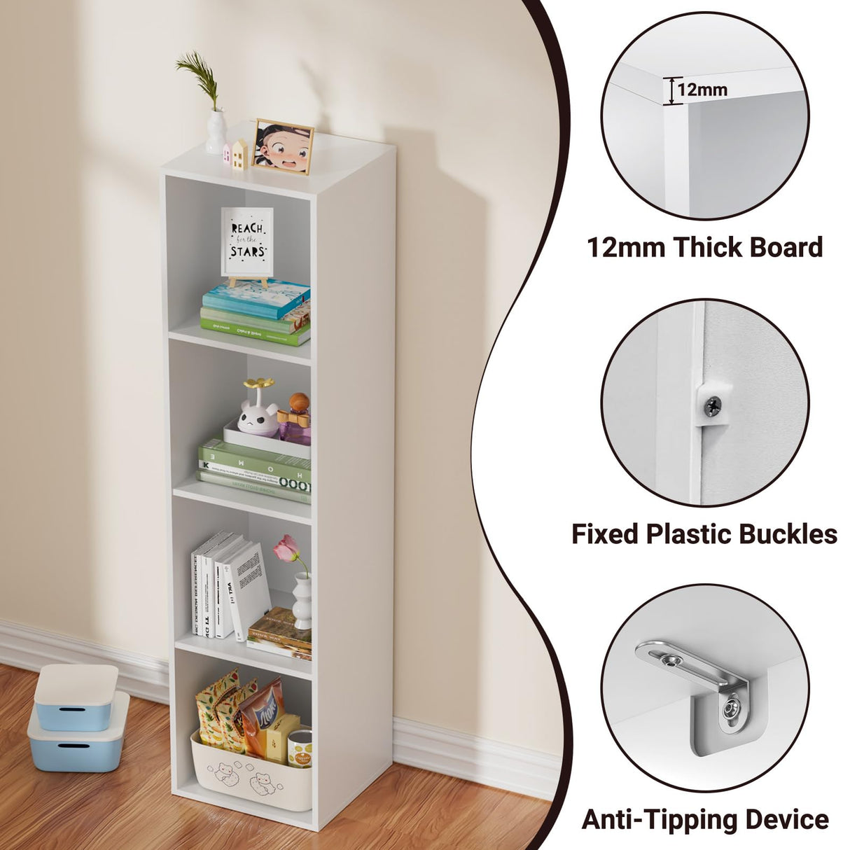 Nestwise 4 Tier Bookshelf, Freestanding Corner Storage Shelve Book Case for Narrow Space, 4 Cube Storage Organizer Small Bookcase for Home Office Living Room (White, 4 Cube) Nestwise