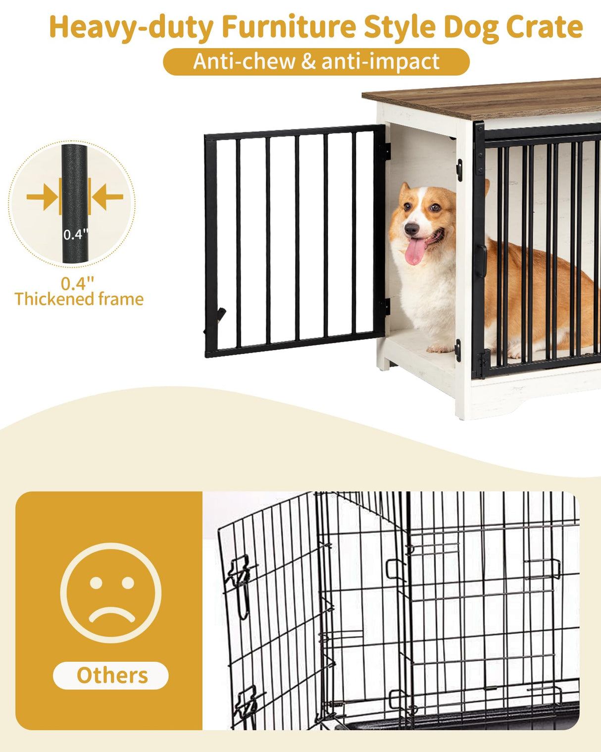 Hzuaneri Dog Crate Furniture, 32" Double Door Dog Crate with Barn Door, Dog Kennel Indoor, End Side Table Wooden Dog Crate for Small Medium Large Dog, Anti-Chew Anti-Escape, White Brown Hzuaneri