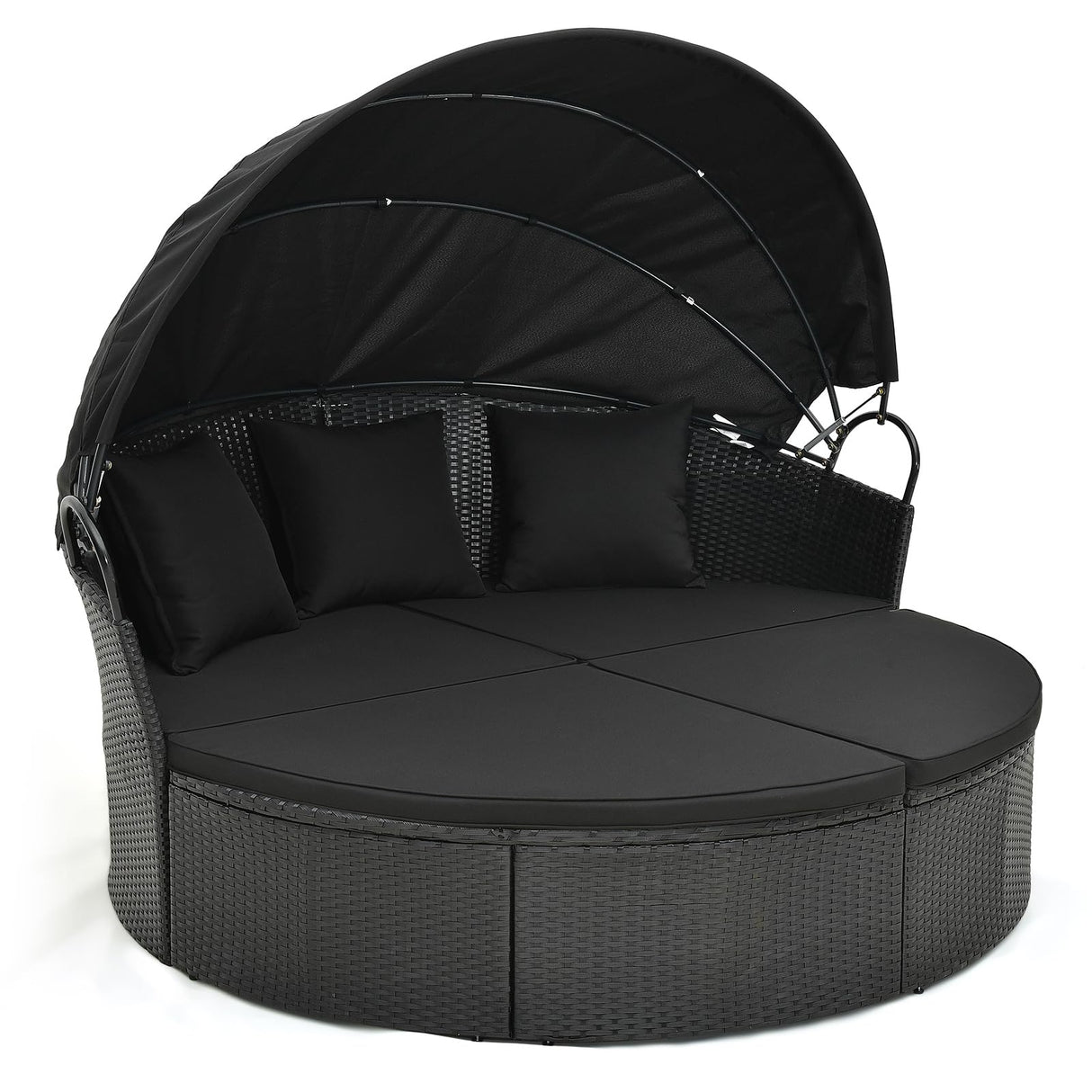 Tangkula Outdoor Patio Round Daybed with Retractable Canopy, Black Rattan Wicker Furniture Sectional Seating with Cushions and Throw Pillows, Seating Separates Cushioned Seats for Backyard (Black) Tangkula