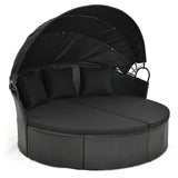 Tangkula Outdoor Patio Round Daybed with Retractable Canopy, Black Rattan Wicker Furniture Sectional Seating with Cushions and Throw Pillows, Seating Separates Cushioned Seats for Backyard (Black) Tangkula