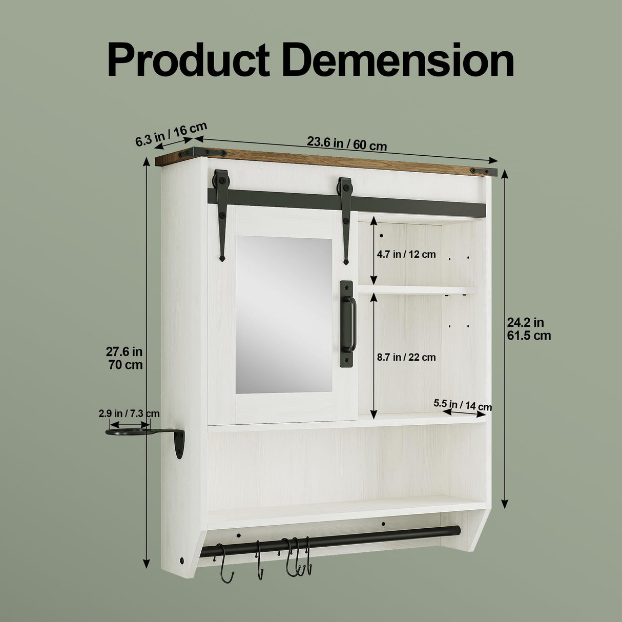Bathroom Storage Cabinet with Mirror, Wood Farmhouse Medicine Cabinet with Adjustable Shelf, Hanging Bar S-Hooks Hair Dryer Holder, Wall Mounted Cabinet for Laundry Room Kitchen Living Room, White Cakhdry