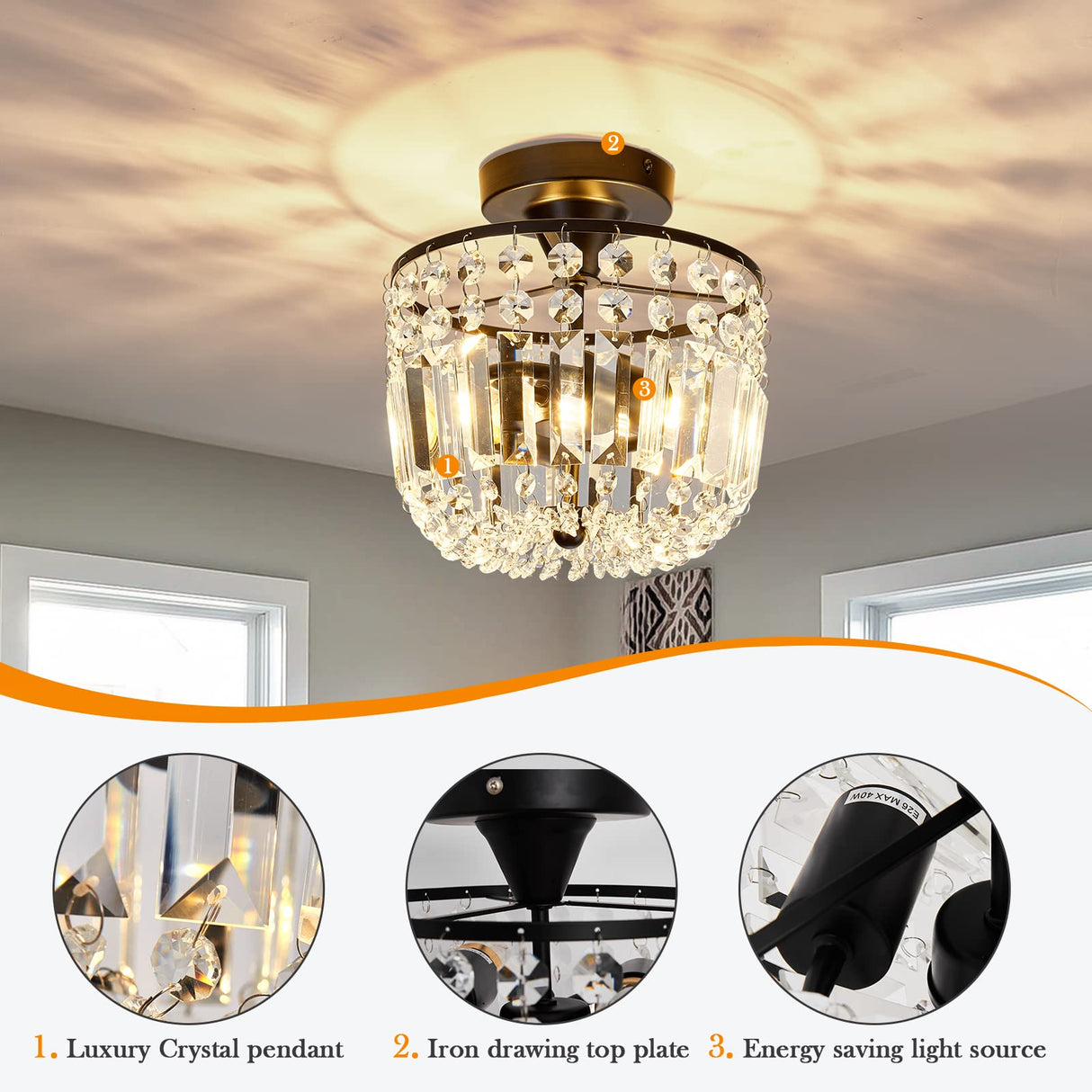 YYJLX Small Crystal Chandelier 2- Lights ，Modern Semi Flush Mount Ceiling Light Fixture for Hallway Kitchen Foyer （Black） YYJLX