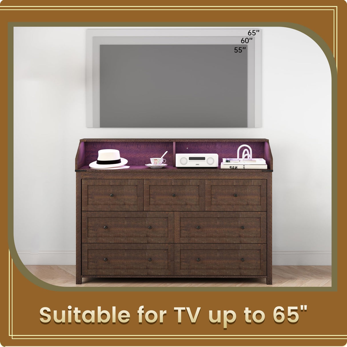 GlouMod Farmhouse 7-Drawer Dresser Chests for Bedroom, LED Dresser with Charging Station, Wood Rustic Tall Chest of Drawers, Brown GlouMod