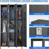 GangMei Metal Lockers for Employees with Loc, Locker Storage Cabinet with 18 Hooks&9 Doors, Steel Storage Locker Cabinet for School, Office, Gym, Bedroom,Assembly Required (Dark Grey) GangMei