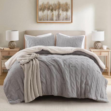 3 Pieces Full/Queen Cable Knit Chenille Comforter Set Gray HouseOfZazla