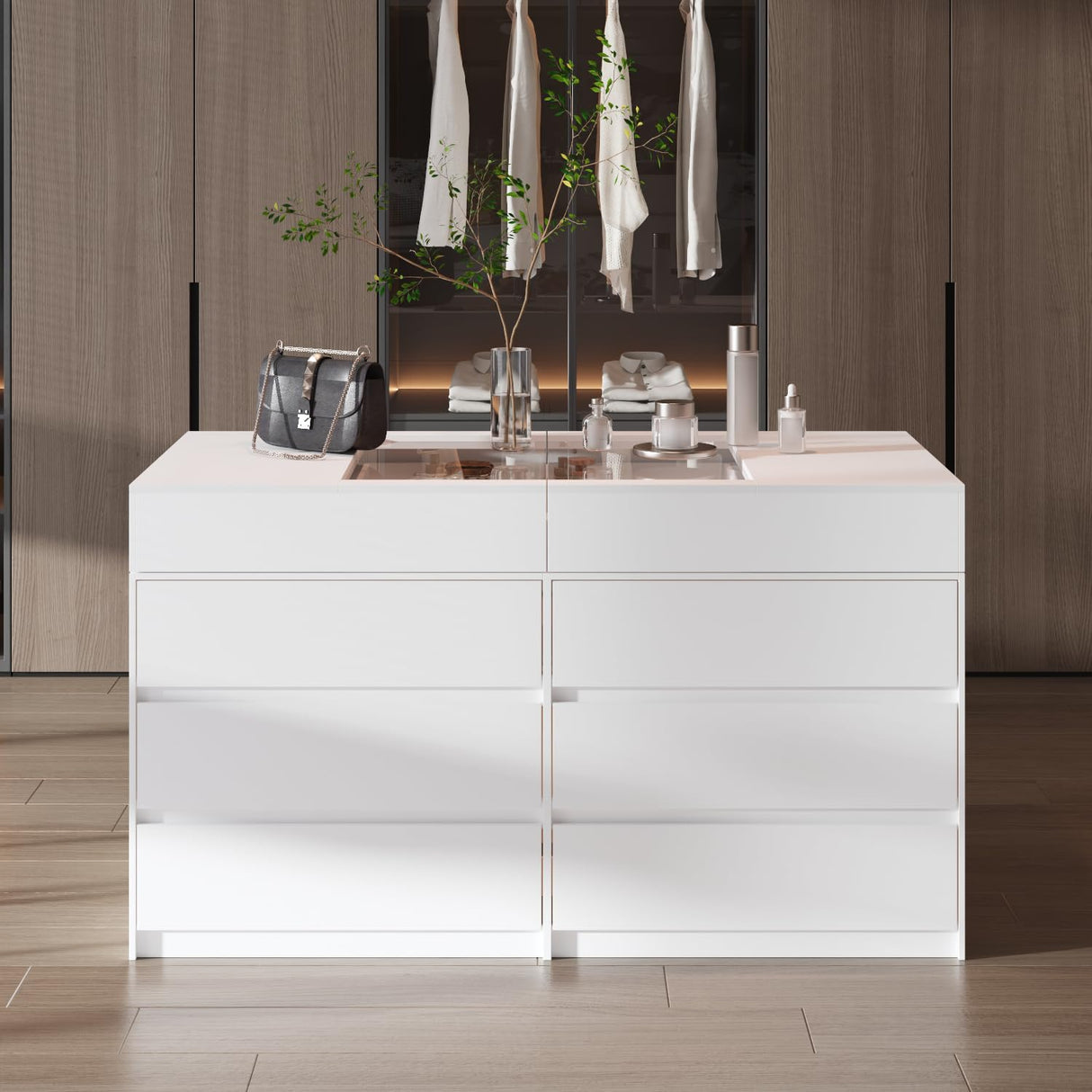 WOODTIME Armoire Bedroom Island with Sliding Glass Top, Wardrobe Closet with 12 Drawers, Walk-in Closet Island Dresser for Bedroom Shops, White WOODTIME