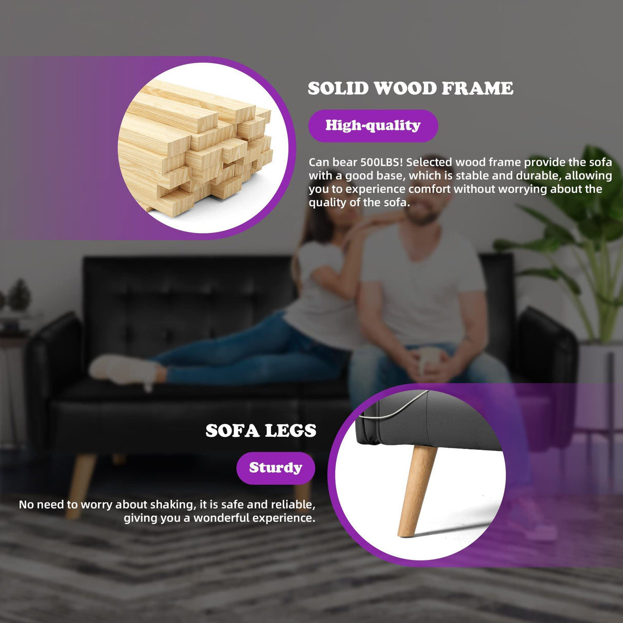 TYBOATLE Faux Leather Convertible 65'' Folding Futon Sofa Bed w/ 2 USB, Loveseat for Small Space, Apartment, Dorm, Living Room, Office, Black TYBOATLE