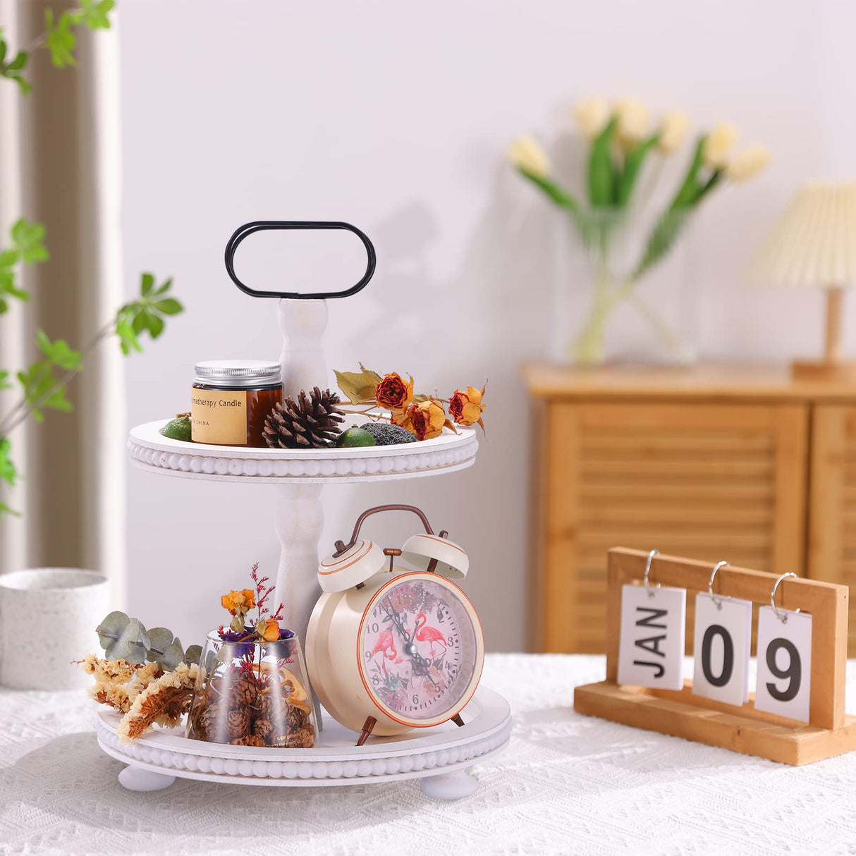 Urban Deco Wooden Decorative Tray Two Tiered Trays Decorations Round Serving Tray with Metal Handle, Wooden Cupcake Stand for Party Tiered Dessert Stand - Retro White Farmhouse Wood Tray Urban Deco