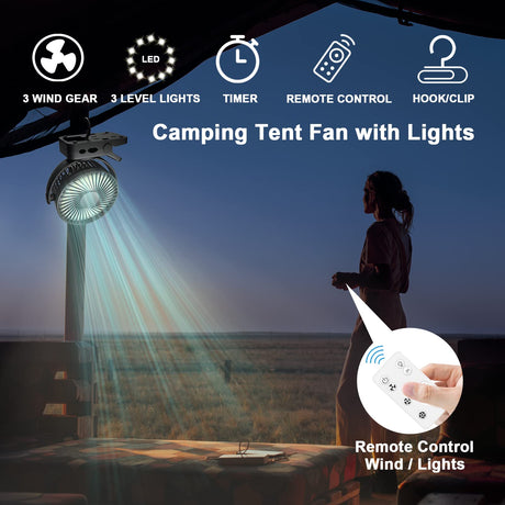 Portable Fan with Remote Control & Timer & LED Lights, 60hrs 12000mAh USB Rechargeable Battery Fan Could Clamp/Hanging/Stand Up, Small Clip on Fan for Baby Stroller, Bed, Desk, Camping Tent, Travel OUTERFAN