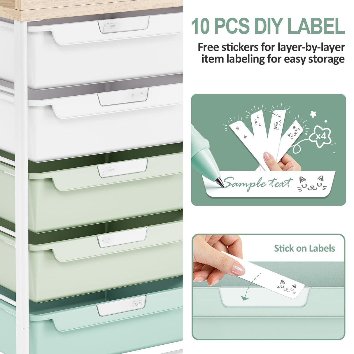 Rolling Storage Cart with 10 Large Drawers, Utility Cart with Wooden TableTop for Craft Organizers, Art Supply Storage, Home Office Organization, Cart with Wheels for Classroom, School, Green SYKIARIOL