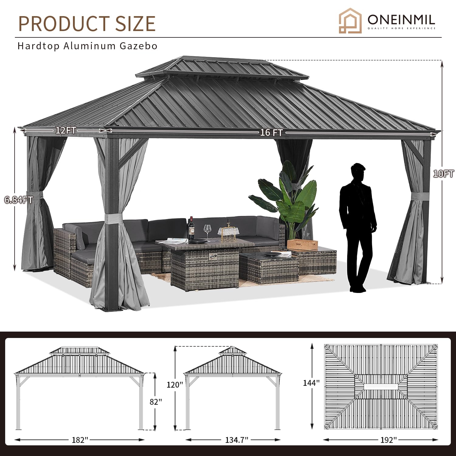 oneinmil 12x16FT Outdoor Gazebo, Heavy Duty Metal Double Roof Hardtop Gazebo with Aluminum Frame and Netting and Curtains for Patios - WoodArtSupply