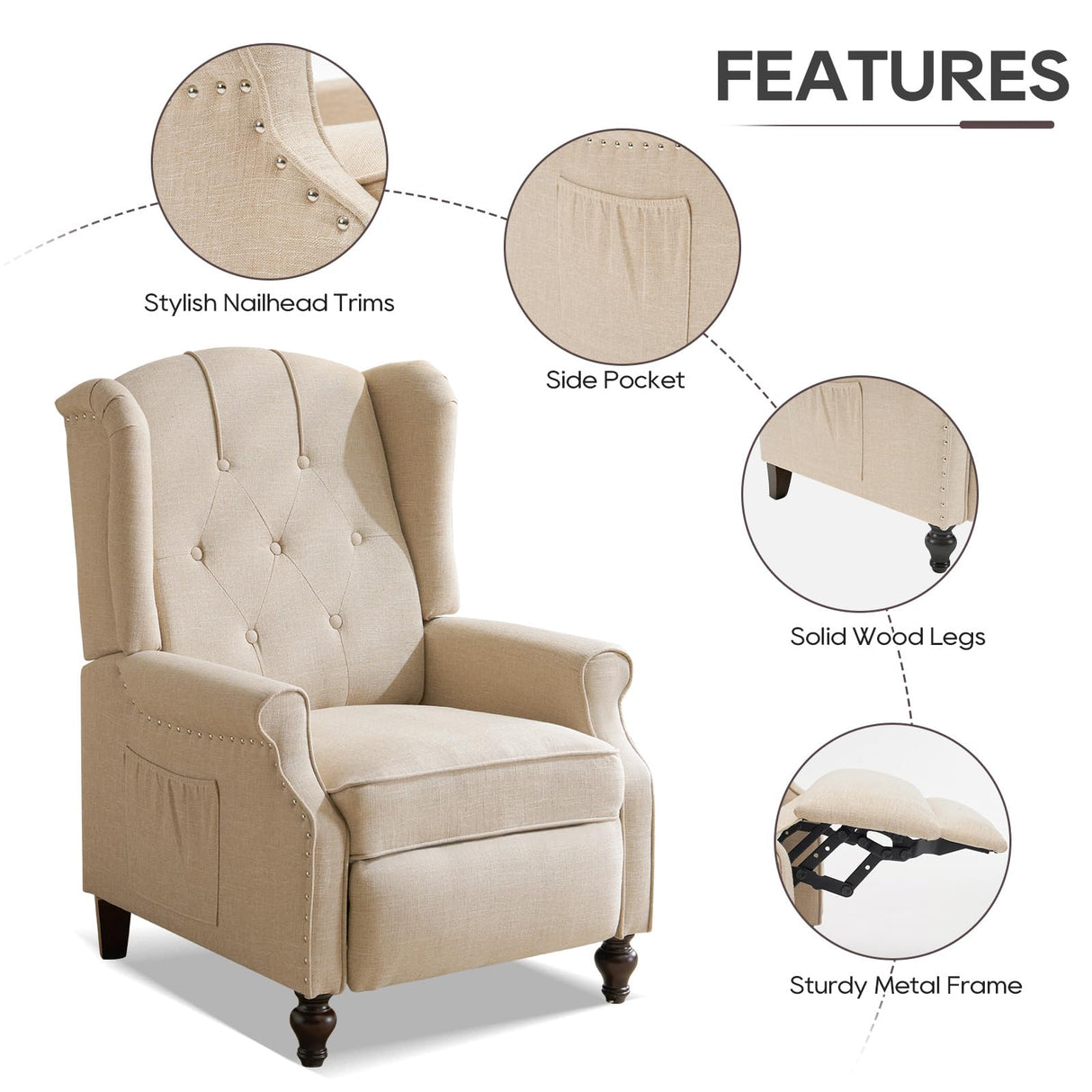 P.H.Furn Wingback Recliner Chair with Massage and Heat, Upholstered Fabric Living Room Chair Armchair with Nailhead Trim,Push Back Recliner Chair with Remote Control,Padded Cushion P.H.Furn