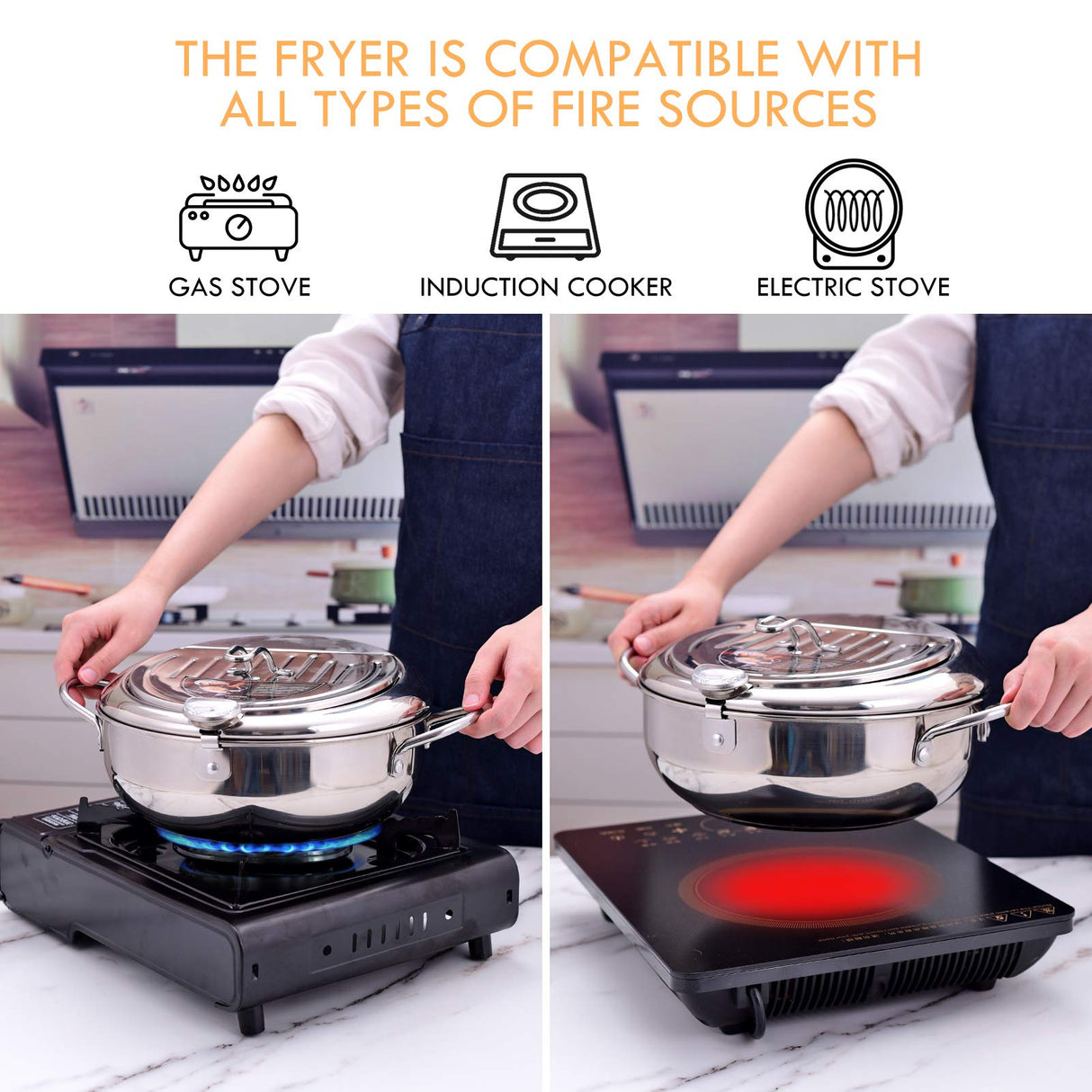 cuomaop Deep Fryer Pot, 304 Stainless Steel Japanese Frying Pot with Oil Drain, Temperature Control and Lid, Tempura Deep Fryer Pot for Kitchen Stove/Induction Cooker French Fries Fryer Chicken 9.4" cuomaop
