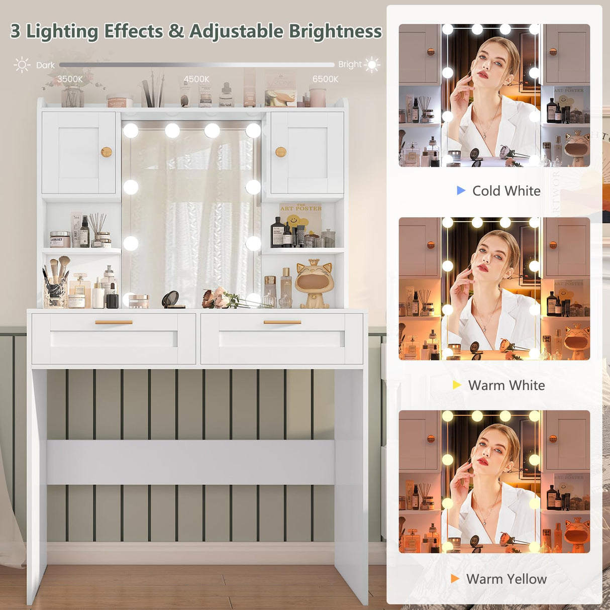 usikey Vanity Desk with Mirror and Lights, Makeup Vanity Table with 2 Drawers, 2 Cabinets & 2 Shelves, Vanity Desk, Vanity Table for Girls Women, Bedroom, White usikey