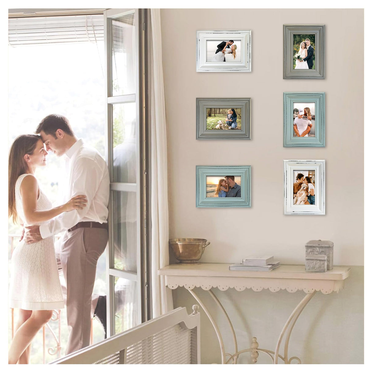 Vintage 4x6 Inches Wooden Picture Frame Pack of 3 Farmhouse Aqua Grey White - Rustic Thick Wood High Definition Glass Photo Frame Outside 6x8 Inches - 2 Ways Display Tabletop or Wall Mounted EXQUIDECA