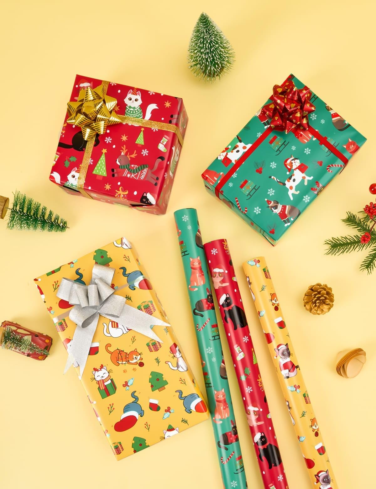 WERNNSAI Cat Christmas Wrapping Paper Rolls - 3 Rolls 17” x 120” Kids Cat Christmas Wrapping Paper Medium Roll Set Funny Kitten Christmas Wrapping paper Xmas Rolls Party Gift Decoration, for Girls/Boys WERNNSAI