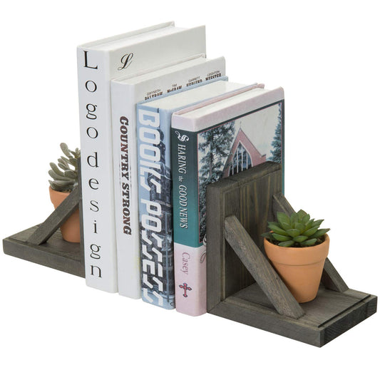 MyGift Vintage Gray Wood Decorative Bookends with Brass Metal Book Supports, Office Desk Wooden Bookend Book Stand, 2 Piece Set