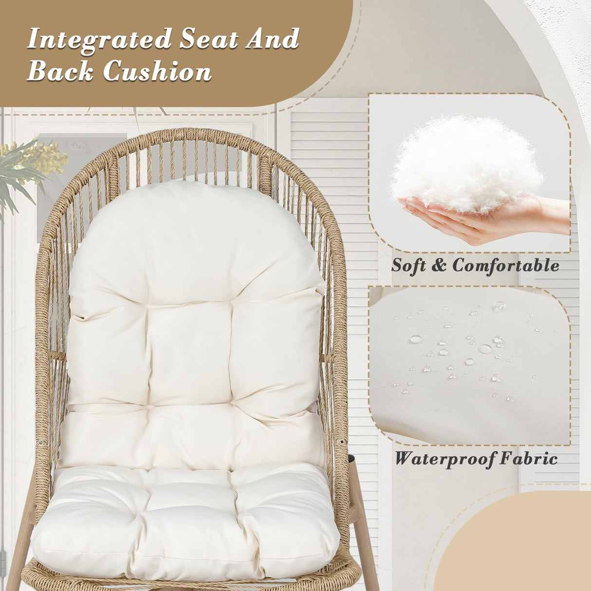 Athena Collection Patio Wicker Egg Chair with Folding Canopy, All-Weather Rattan Patio Lounge Chair with Sun Shade, Balcony Furniture Outside Seating for Front Porch, Garden, Poolside, Outdoor, Beige Athena Collection