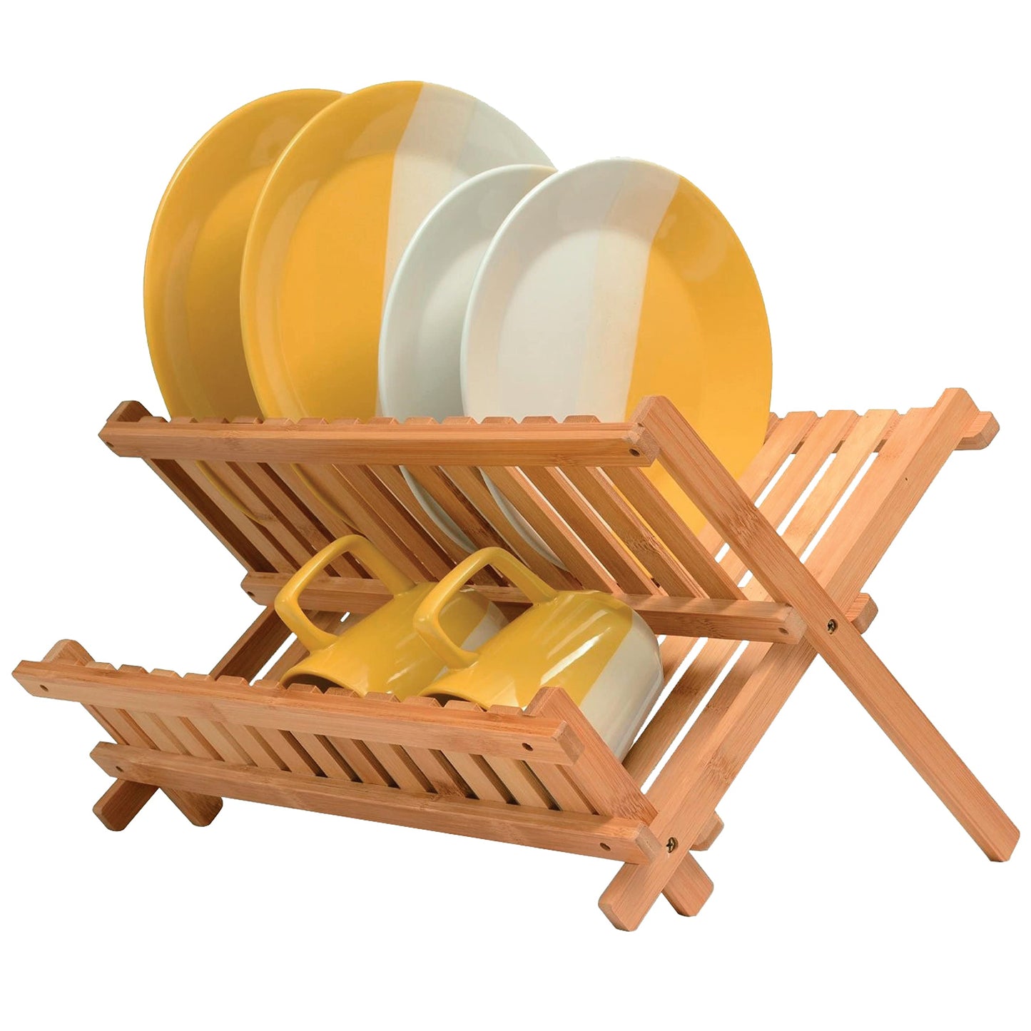 Dish Drying Rack - Collapsible 2-Tier Bamboo Dish Drainer Kitchen Plate Rack for Kitchen Countertop - Foldable & Compact for Space-Saving Storage