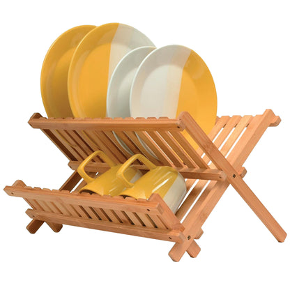 Dish Drying Rack - Collapsible 2-Tier Bamboo Dish Drainer Kitchen Plate Rack for Kitchen Countertop - Foldable & Compact for Space-Saving Storage